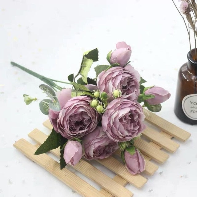 1 Bouquet 9 heads Artificial Peony Tea Rose Flowers Camellia Silk Fake Flower flores for DIY Home Garden Wedding Decoration