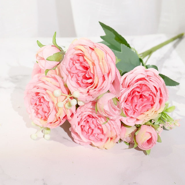 Pink Silk Peony Artificial Flowers Rose Wedding Home DIY Decor High Quality Big Bouquet Foam Accessories Craft White Fake Flower