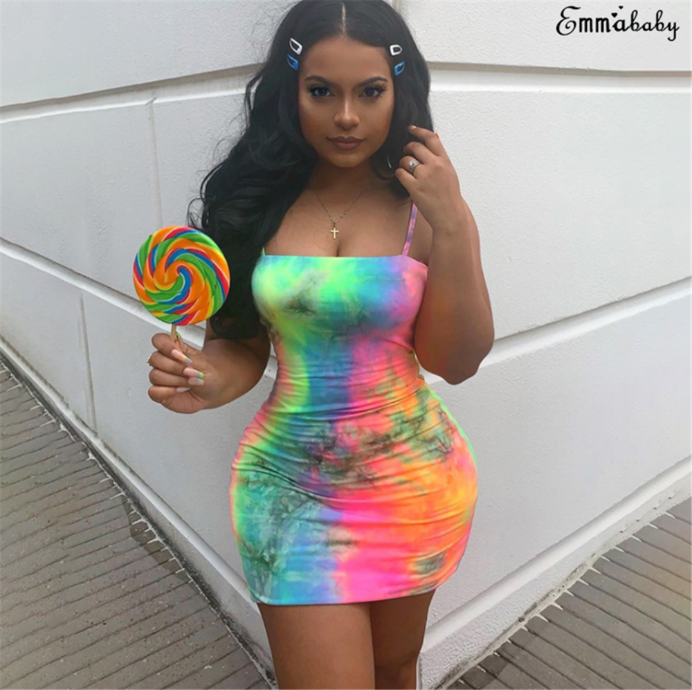 Women Bodycon Dress Summer Sexy Sleeveless Slip Dresses Female Tie Dye Wrap Party Beach Club Mini Robe Outfits Clothing