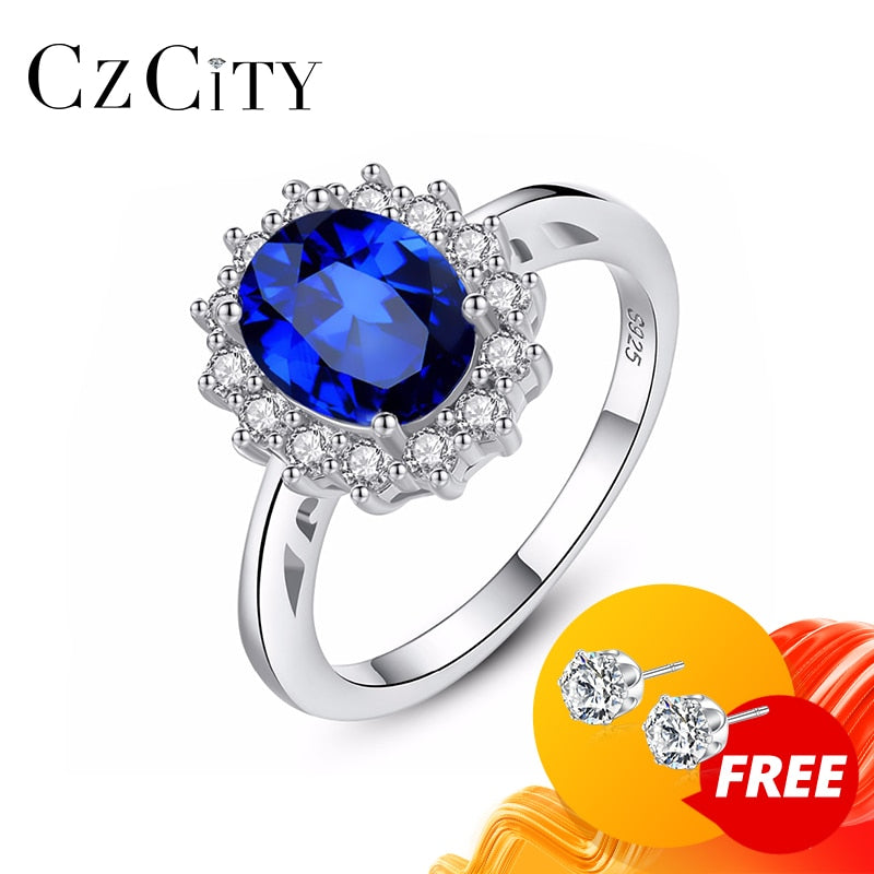 CZCITY Princess Diana William Kate Sapphire Emerald Ruby Gemstone Rings for Women Wedding Engagement Jewelry 925 Sterling Silver
